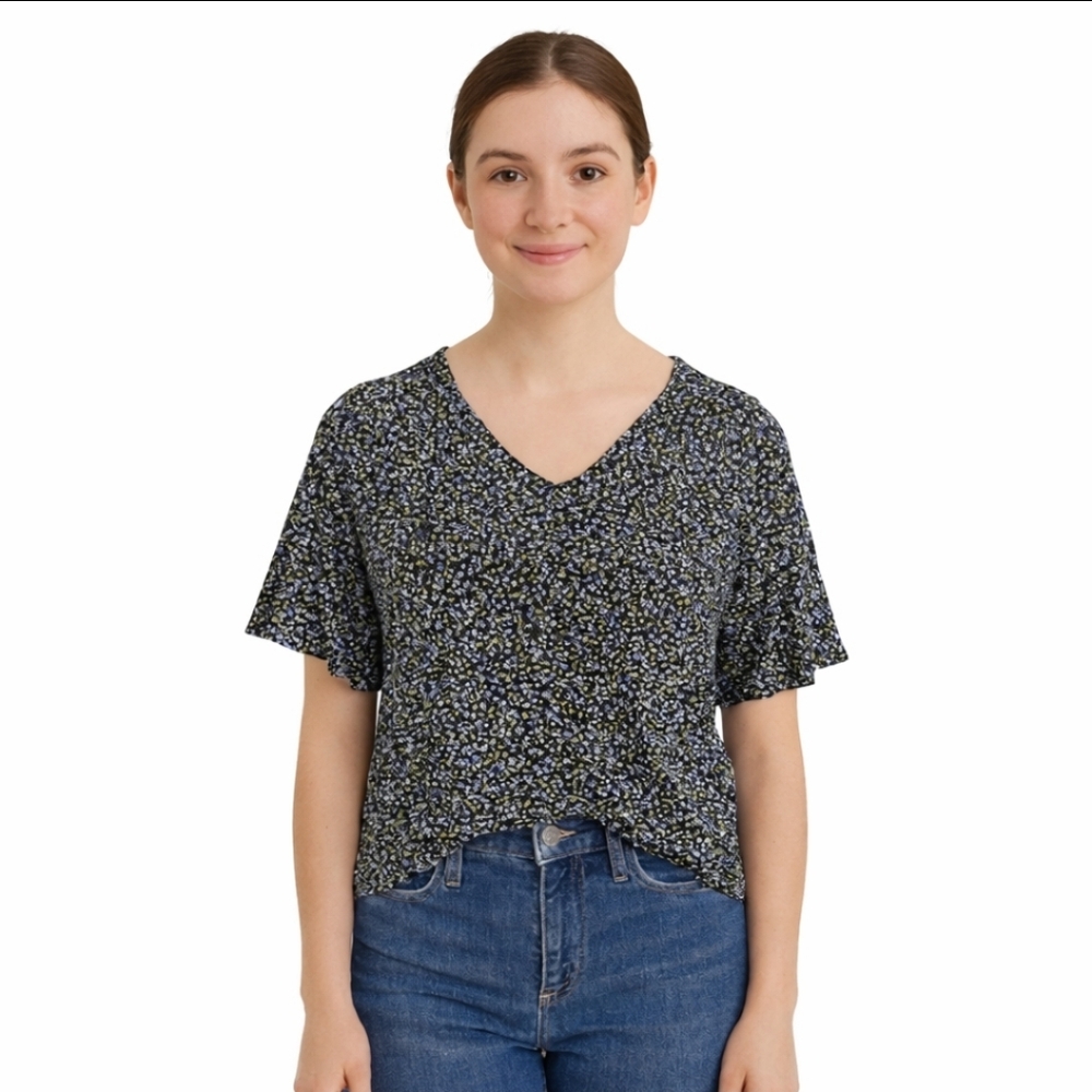 LOFT Black Pink Blue Floral Vneck Tee With Flutter Sleeves Sz Lg
